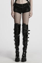 Black Studded Ripped Straps Women's Punk Shorts